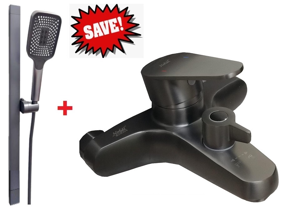 NOBEL Bathroom Shower Set Bundle With Bath Mixer - Gun Metal Colour
